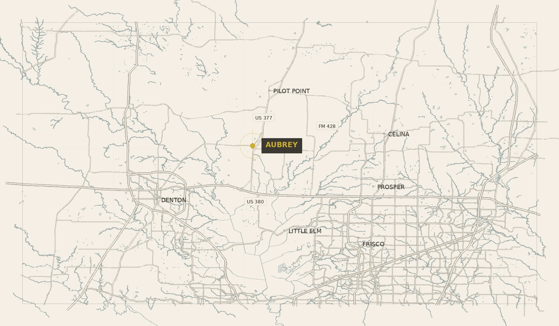 Map of Aubrey, Texas and surrounding North Texas communities including Denton, Pilot Point, Celina, Prosper, and Frisco